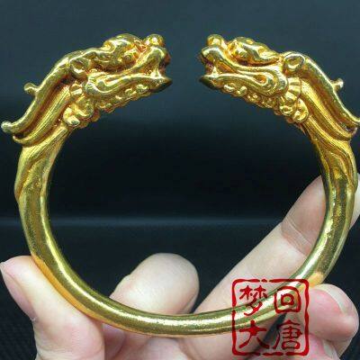 Folk Collection of Old Objects Pure Handmade Pure Copper Gilded Antique Dragon Phoenix Bracelet Wedding Bracelet Wrapped in Old Gold