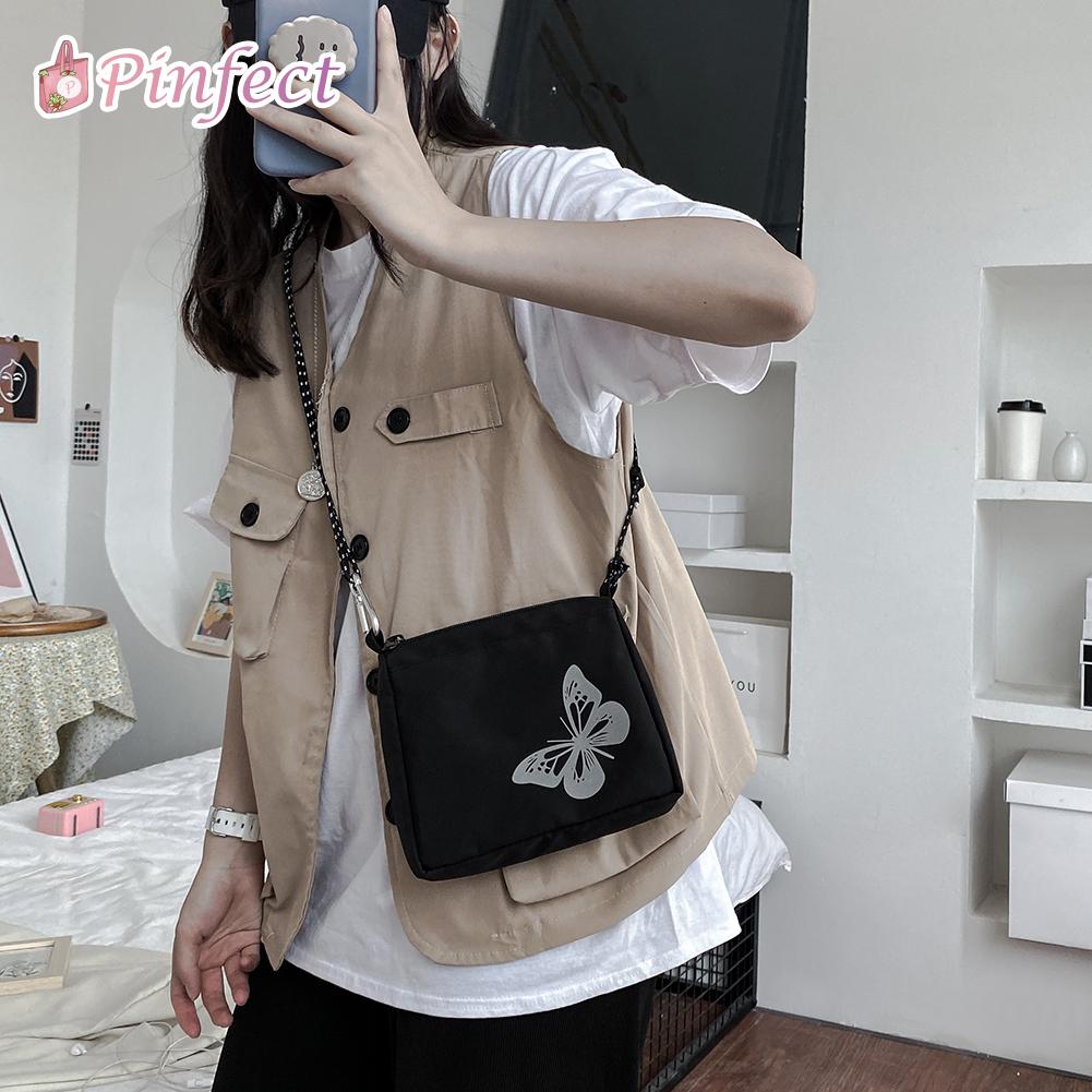 [Pinfect] Ins Fashion Vintage Casual Streetwear Shoulder Bag Women Retro Butterfly Reflective Small Crossbody Messenger Pouch Zipper Purse Sling Bag