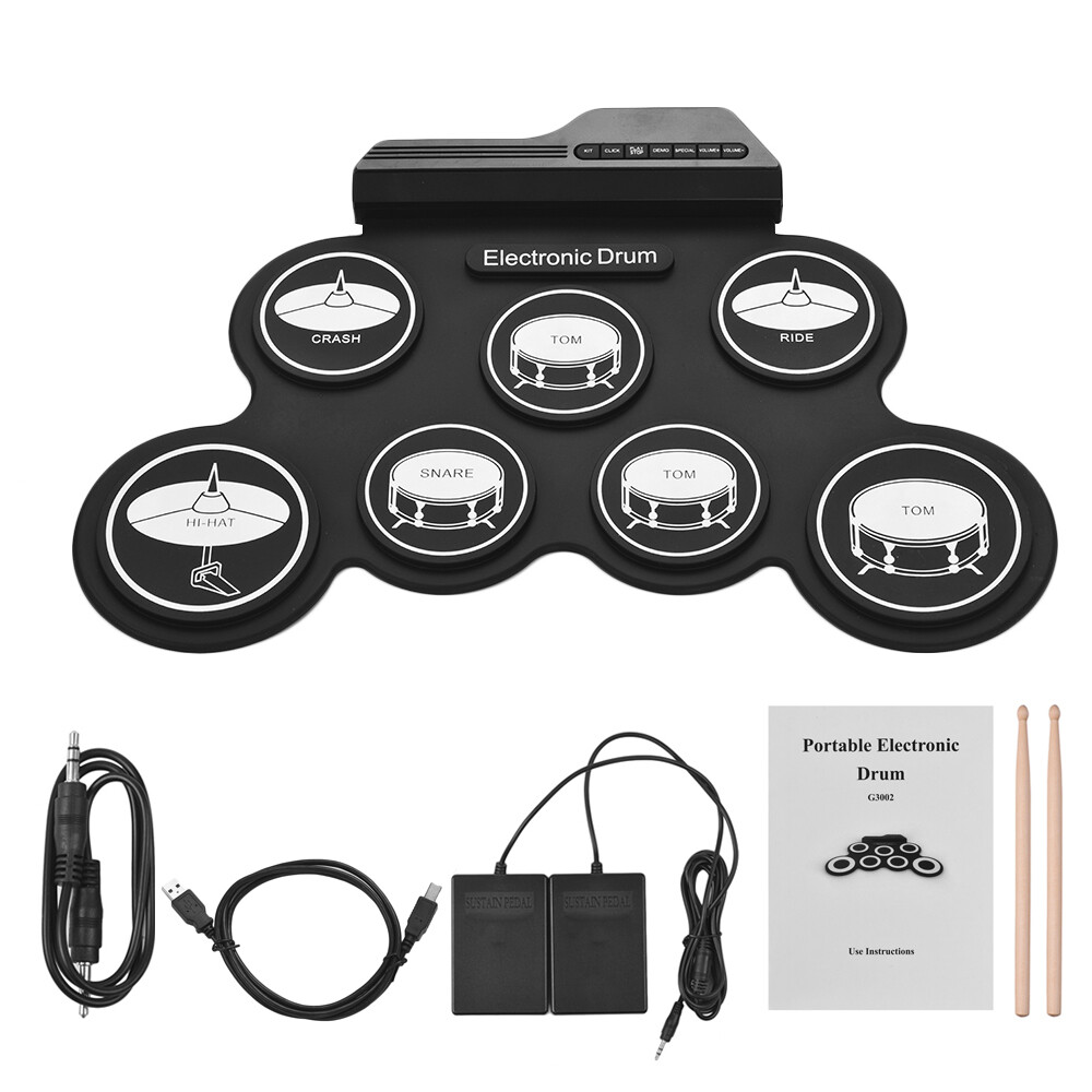 Bộ Trống Silicon Cuộn Lên USB Kích Thước Nhỏ Gọn Bộ Trống Điện Tử Kỹ Thuật Số 7 Miếng Trống Với Dùi Trống Bàn Đạp Chân Cho Người Mới Bắt Đầu Trẻ Em