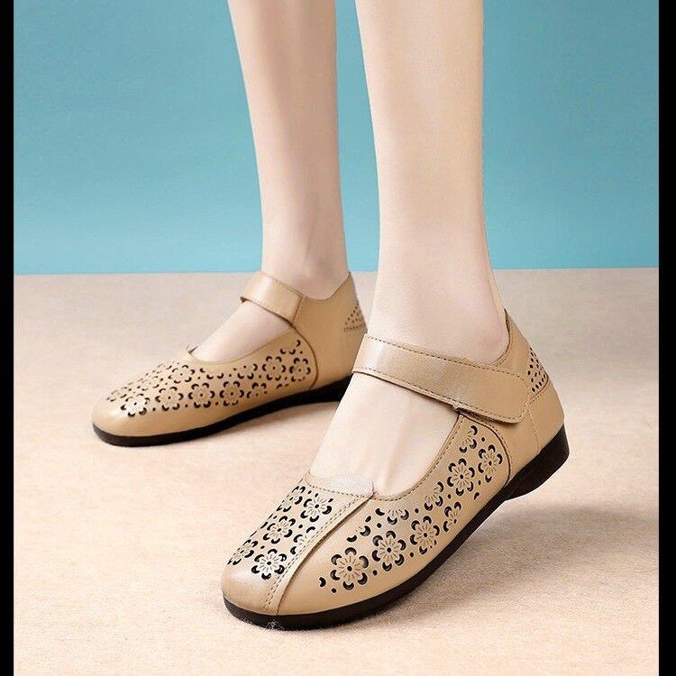 Flat Sandals For Women Korean Style Mary Jane Shoes Floral Hollow Leather Shoes For Female Slip