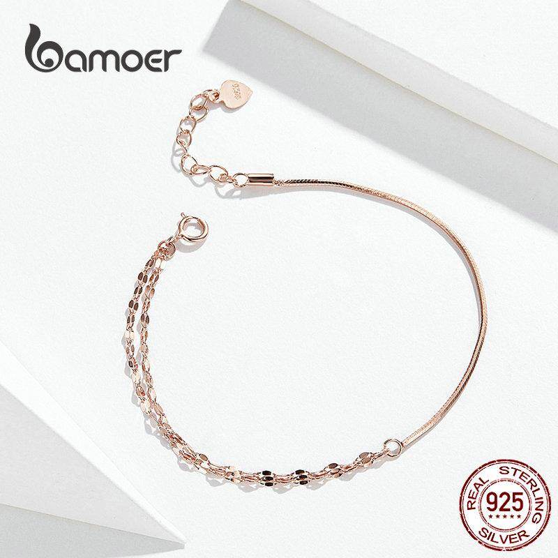 BAMOER Vòng Tay Bạc Màu Vàng Hồng Cơ Bản Hộp Cáp Vòng Tay Khóa Tôm Hùm Dây Xích Trang Sức Bạc Ý Phù Hợp Với Joker SCB149