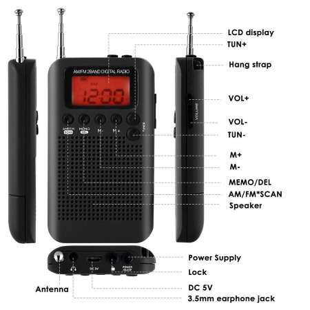 แบบพกพา AM FM สองวงวิทยุนาฬิกาปลุกจับเวลานอนการจูนด้วยระบบดิจิตอลสเตอริโอวิทยุ 3.5 ช่องเสียบหูฟังมิลลิเมตรสำหรับเดิน Jogging CAMPING