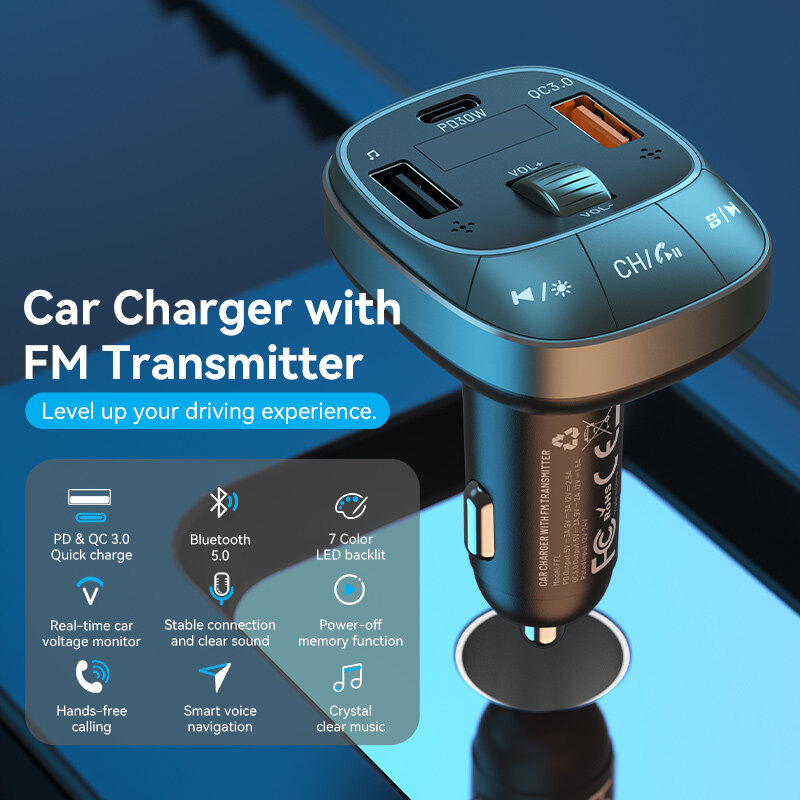 Vention Bluetooth 5.0 Car Charger 48W Fast Charging 3 Port QC 3.0 USB with LED Digital Display for SAMSUNG iPhone Huawei Xiaomi Cellphone MacBook PD 30W 12V to 24V Car Adapter Car Charger Socket Outlet