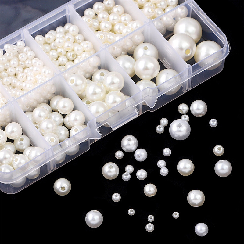 800 cái/hộp 3/4/5/6/8/10/12/14Mm ABS Giả hạt ngọc trai Thiết Lập Trắng Ngà Vòng hạt cườm Kit Cho Vòng tay tự làm trang sức Làm Vòng Cổ Phụ kiện thủ công