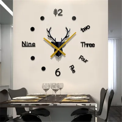【TaroBall】3D Self-adhesive Creative Deer Head Mirror Wall Clock Wall Stickers Home DIY Large Wall Clock Quartz Watch Art Decal Sticker Living Room Home Decor