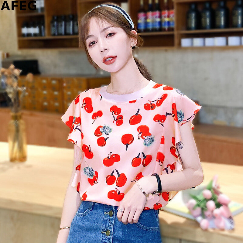 AFEG new Korean round neck fashion wild sweet chiffon printed short-sleeved blouse