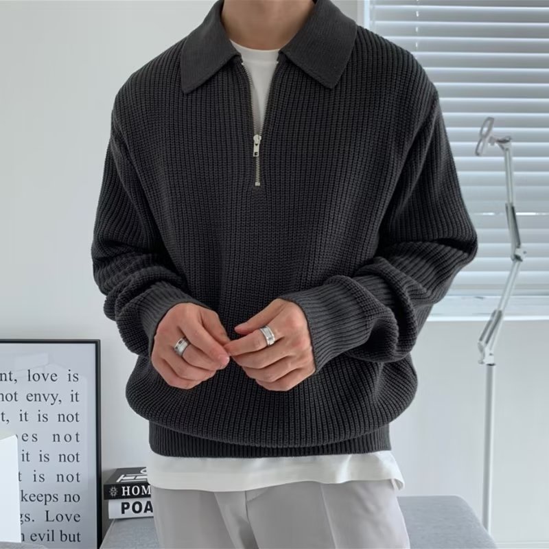 H half zipper sweater men's autumn winter style Japanese vintage high-end lazy lapel knitwear loose casual S86_voghion.com