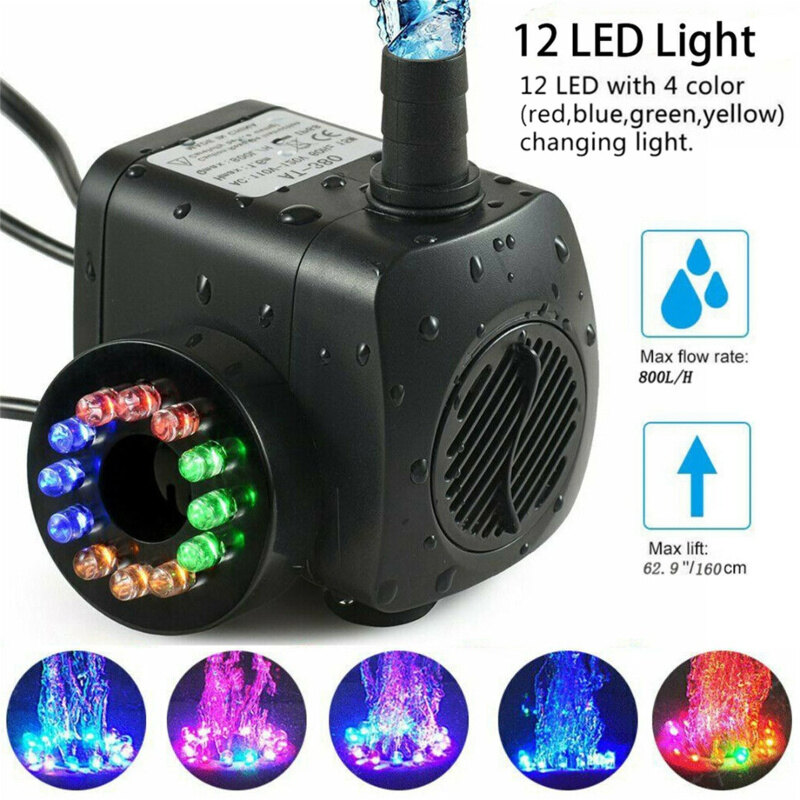 Submersible Water Pump With 12 Led 16w Lights Detachable For Fountain Swimming Pool Aquariums Fish Tank Sponds