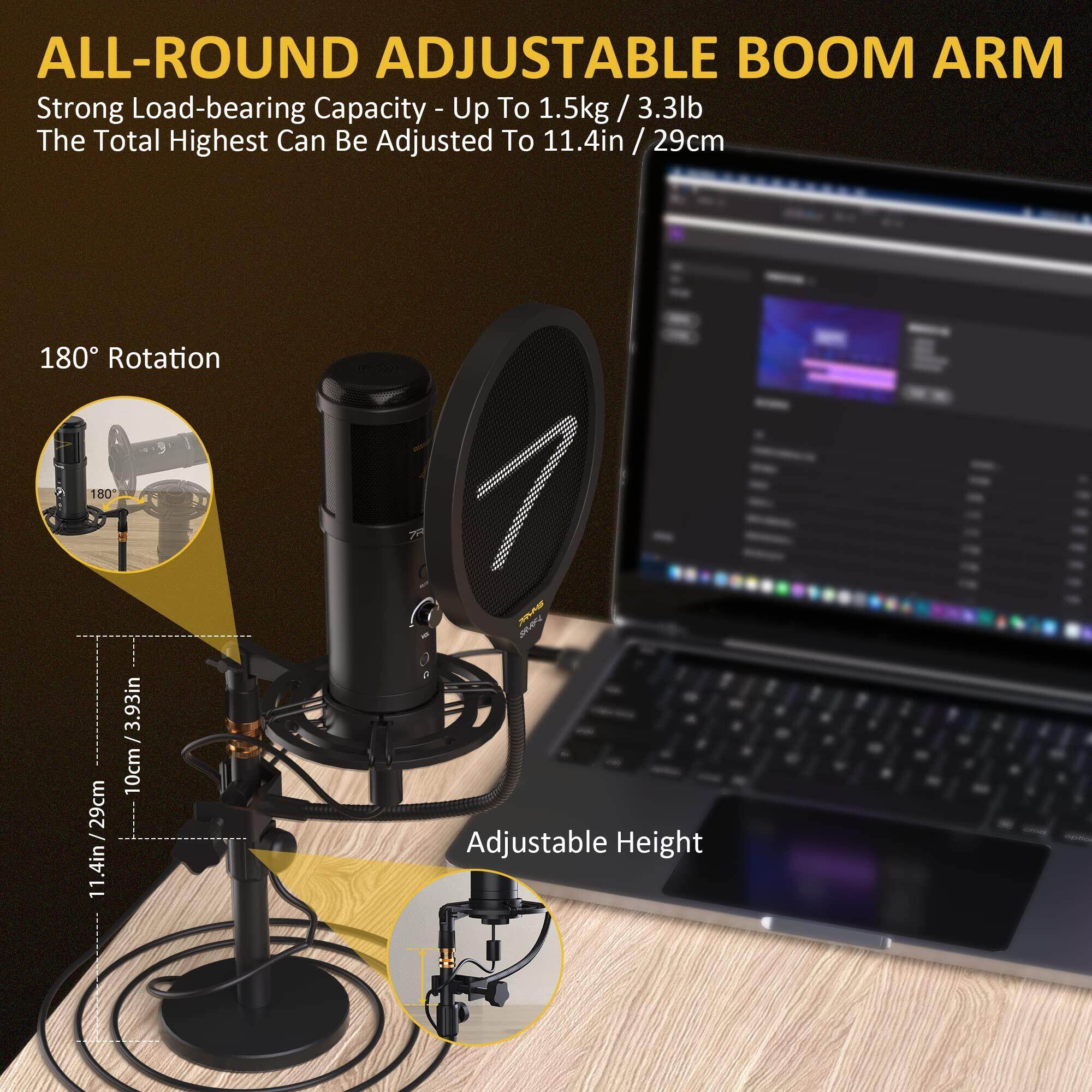7RYMS Condenser USB Microphone SR-AU01-K2 Studio Microphone Kit with Desk Stand, Pop Filter and Real-time Monitor Gaming-Mic 192kHz/24bit Tape to Mute Microphone for PC for Streaming Podcast Recording ASMR, for Computer, Phone