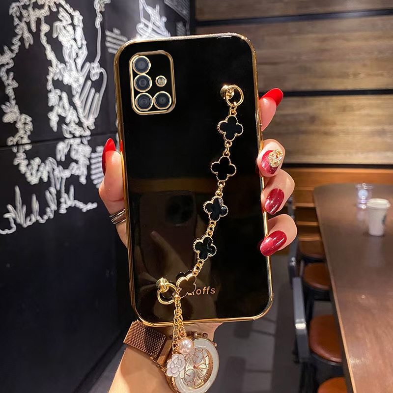 AnDyH Straight Edge Plating Phone case For Samsung Galaxy A51 casing,Precise Camera Protection cases Cute girl style cover with Four leaf clover bracelet