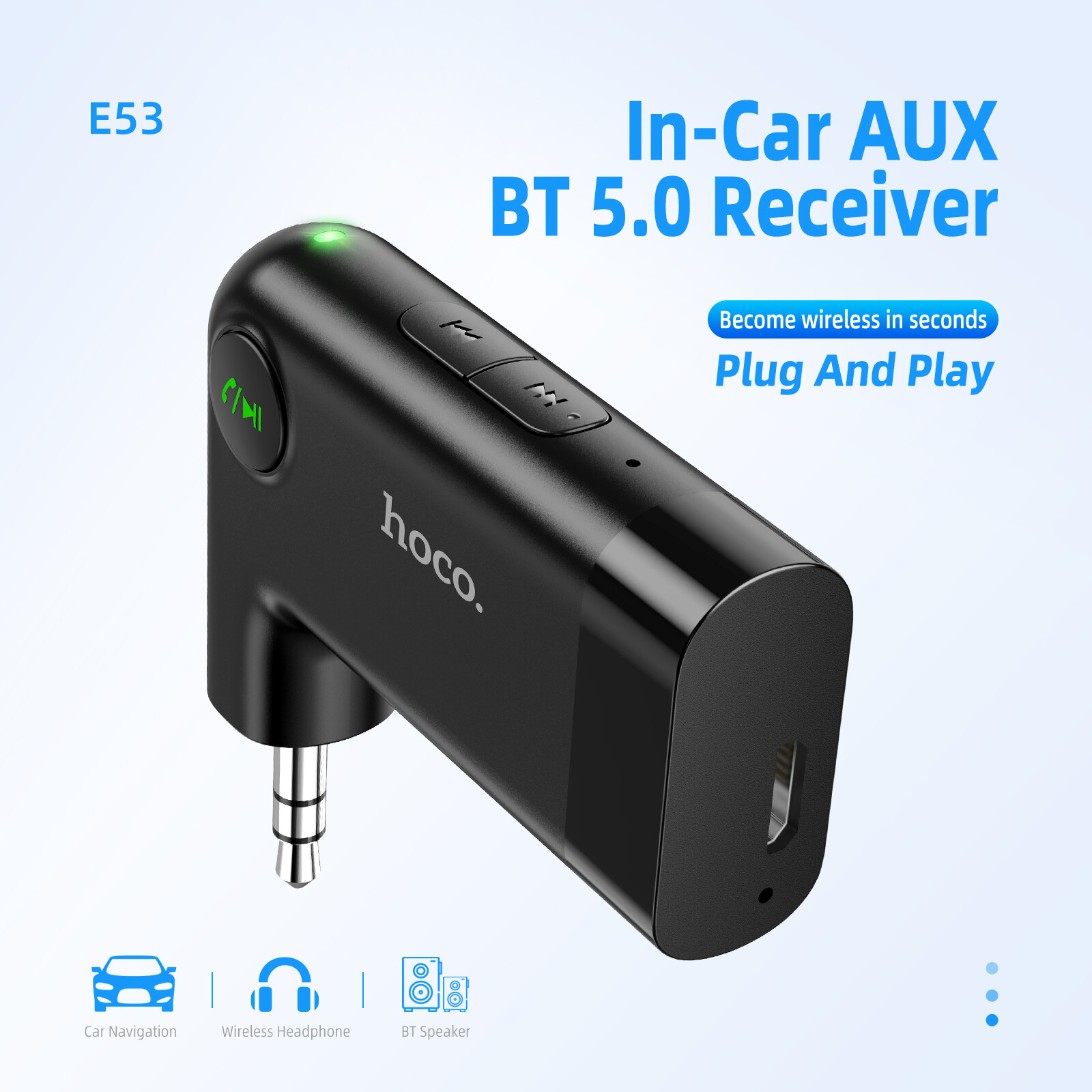 【100% sản phẩm chính hãng】Hoco E53 Đầu nhận Bluetooth Bluetooth không dây 5.0 Bộ chuyển đổi sạc cho xe hơi Di Động Bộ chuyển đổi âm thanh không dây 3.5Mm Aux Với Microphone Cho Xe Hơi/Âm Thanh