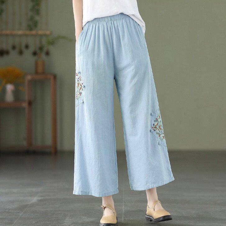 Quần ống Rộng Nữ Bông Và Lanh Thêu Dân Tộc Quần Baggy Nữ Lưng Cao Khóa Văn Học Cổ điển Quần âu