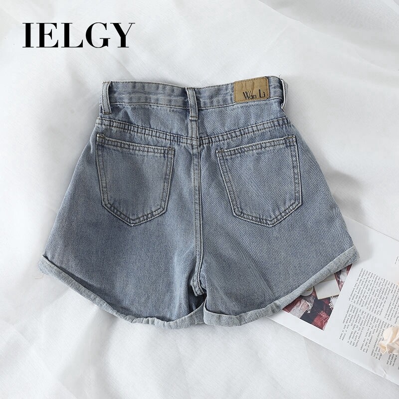 IELGY Loose high waist stretch wide leg black denim shorts