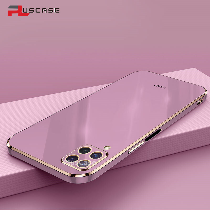PlusCase for Samsung Galaxy A22 4G 6D Plating Soft Case Lens Protector Square Frame Silicone Glossy Shockproof Phone Back Cover
