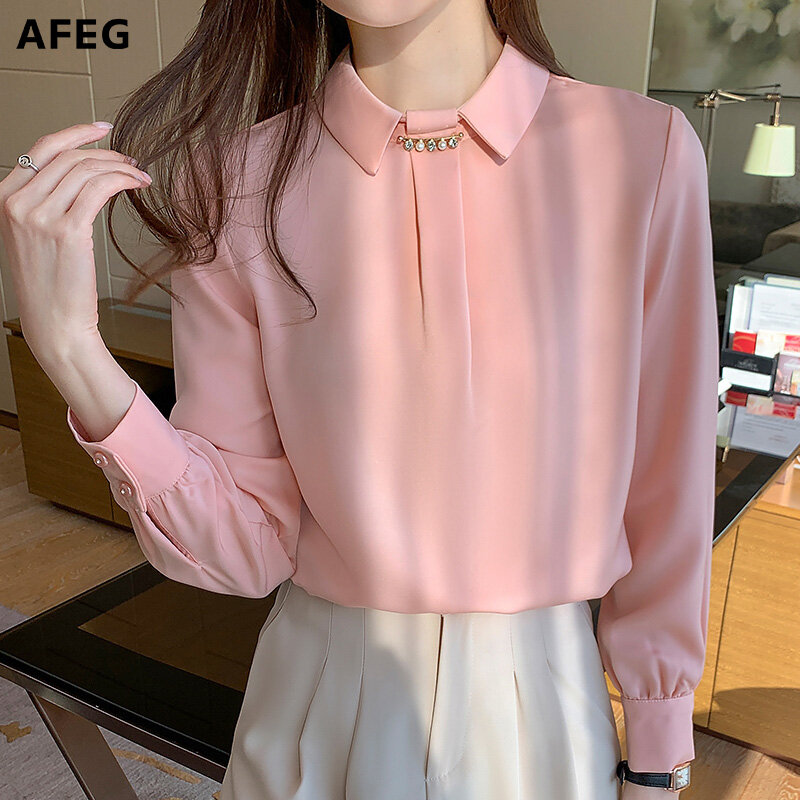AFEG new women's long-sleeved pure color satin chiffon elegant blouse for women