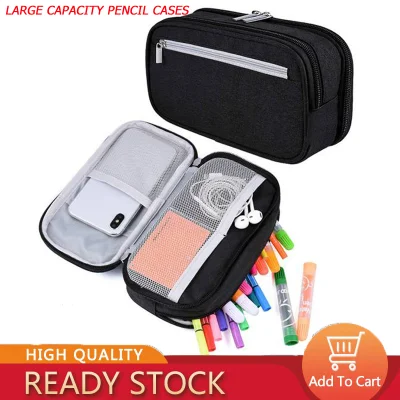 【Ready Stock&COD】Pencil Case, Large Capacity Pencil Cases Pen Bag Pouch Holder Travel Cosmetic Make Up Bag Pouch Cable Bag Pouch with Multi Compartments for School Students Office Adults, Black
