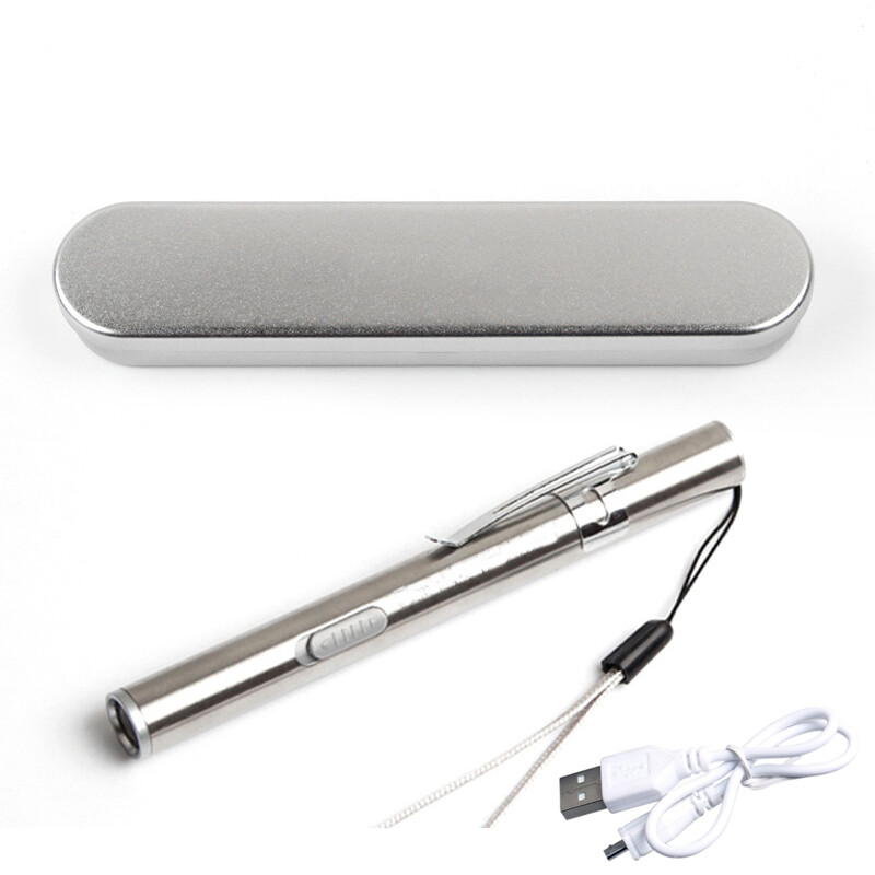 1pc Mini LED Pen White Light Flashlight Stainless Steel Rechargeable With Usb Cable
