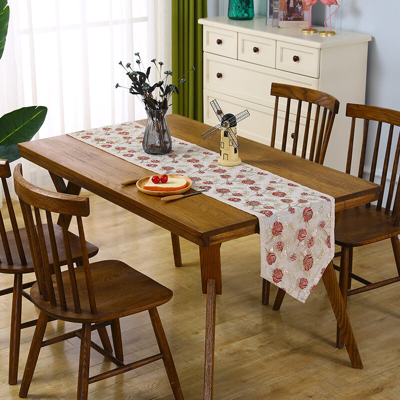 Linen embroidered table runner wedding Chinoiserie style red classical table cloth lace tea table cloth luxury decorative tablecloth TV cabinet coffee table cloth lace dust cover