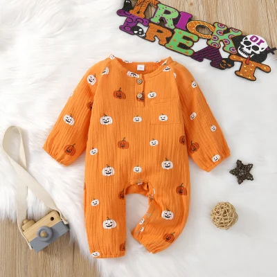【beautywoo】Infant Baby Halloween Jumpsuit, Pumpkin Print Long Sleeve O-Neck Romper with Buttons for Newborn Girls/Boys, 0-18 Months