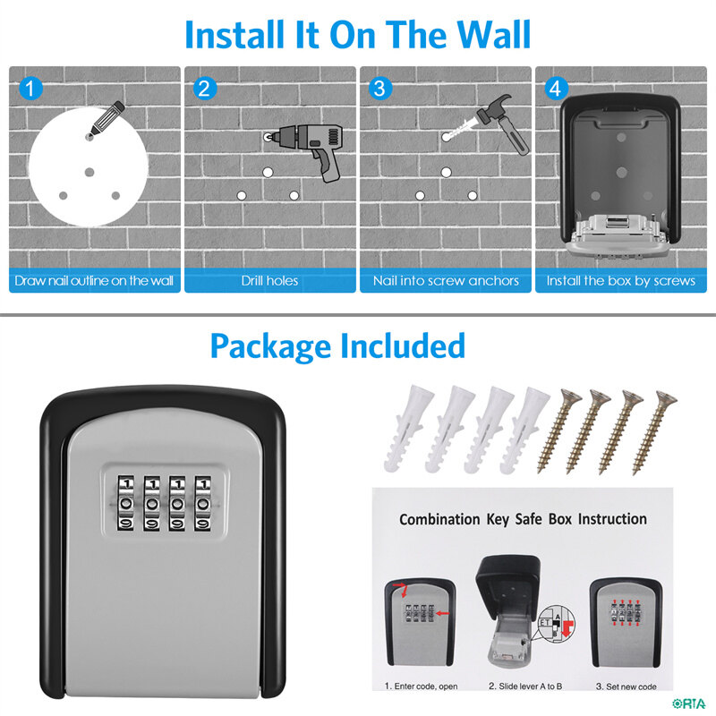 ORIA Key Lock Box, 4 Digit Combination Key Storage Lock Box, Wall Mounted Key Safe Box, 5 Keys Capacity Weatherproof for Indoor Outdoor 3.66 inch