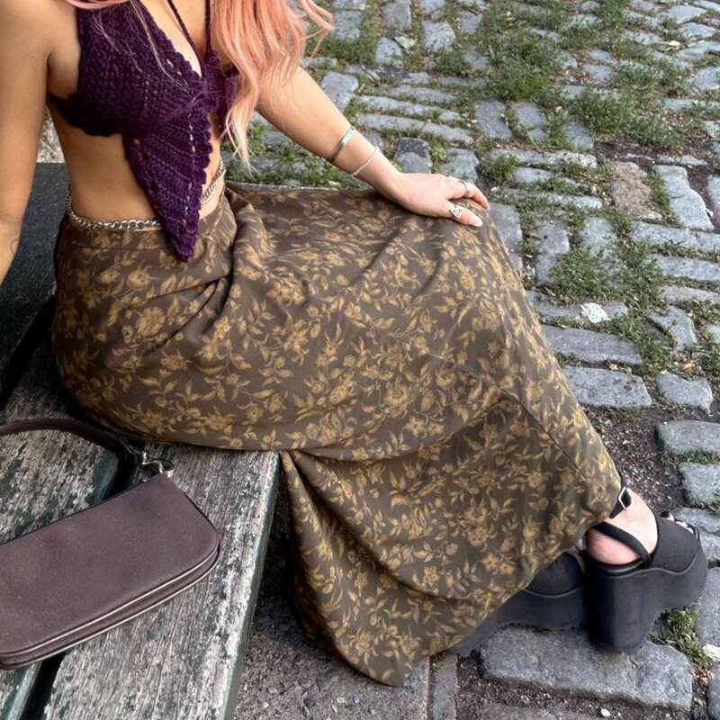 90s Y2k Retro Esthetics Floral Long Skirt Women Tawny Leaves Printed Pattern Low Waist Flowy Skirt Casual Slim Split Skirt