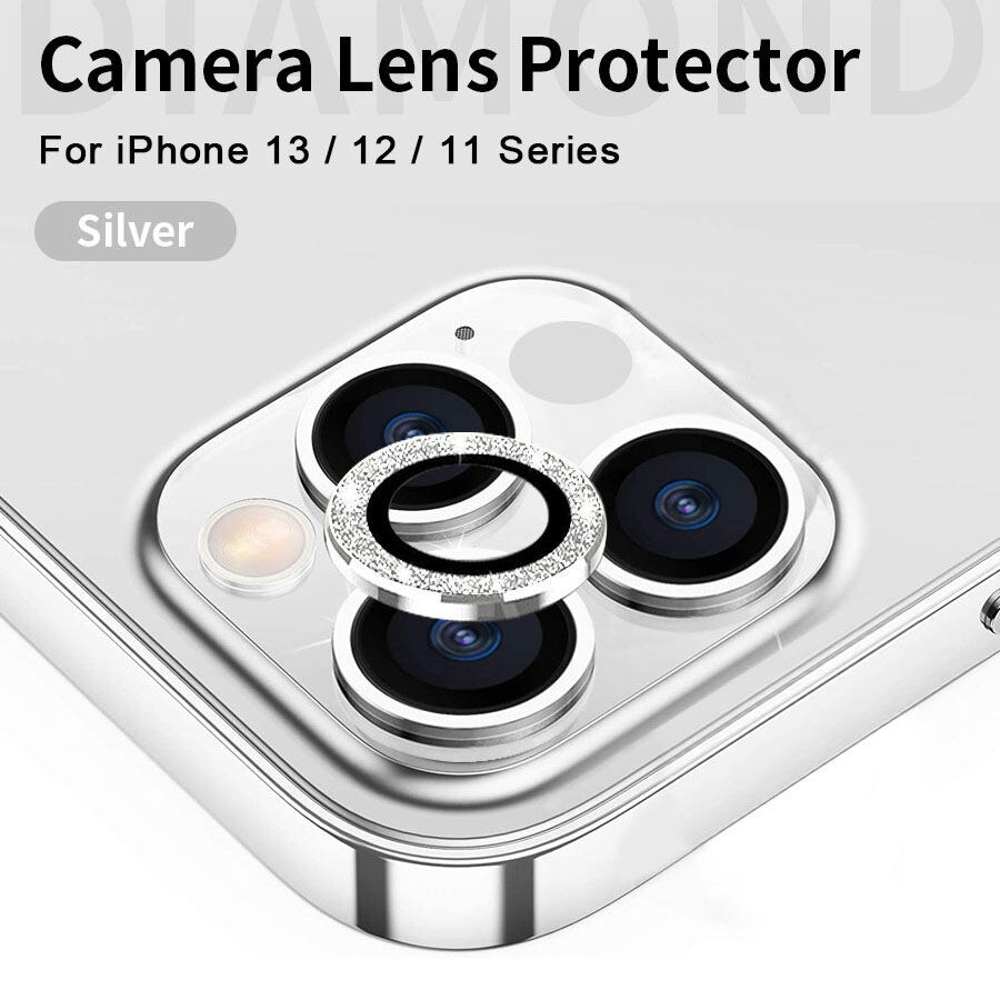 Bling Diamond Glitter Camera Lens Protector For iphone 13 12 11 Mini Pro Max Metal Ring Camera Lens Tempered Glass Protection Film Cover