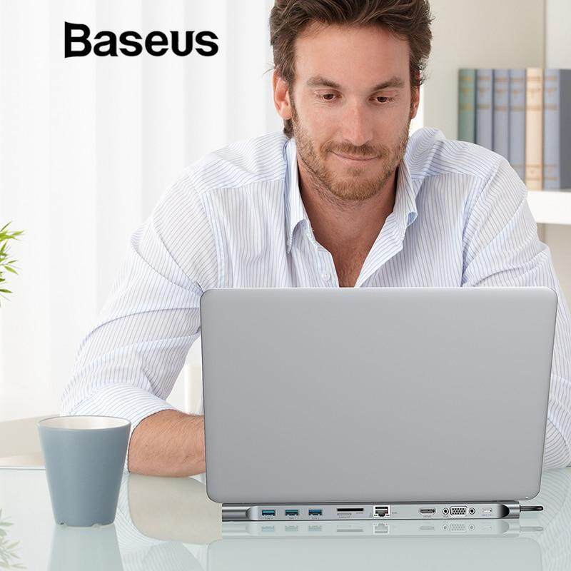 Baseus Multi 10in1 USB Type C HUB to HDMI VGA RJ45 USB 3.0 HUB Converter with SD/TF Card Reader USB C Adapter for Macbook Pro