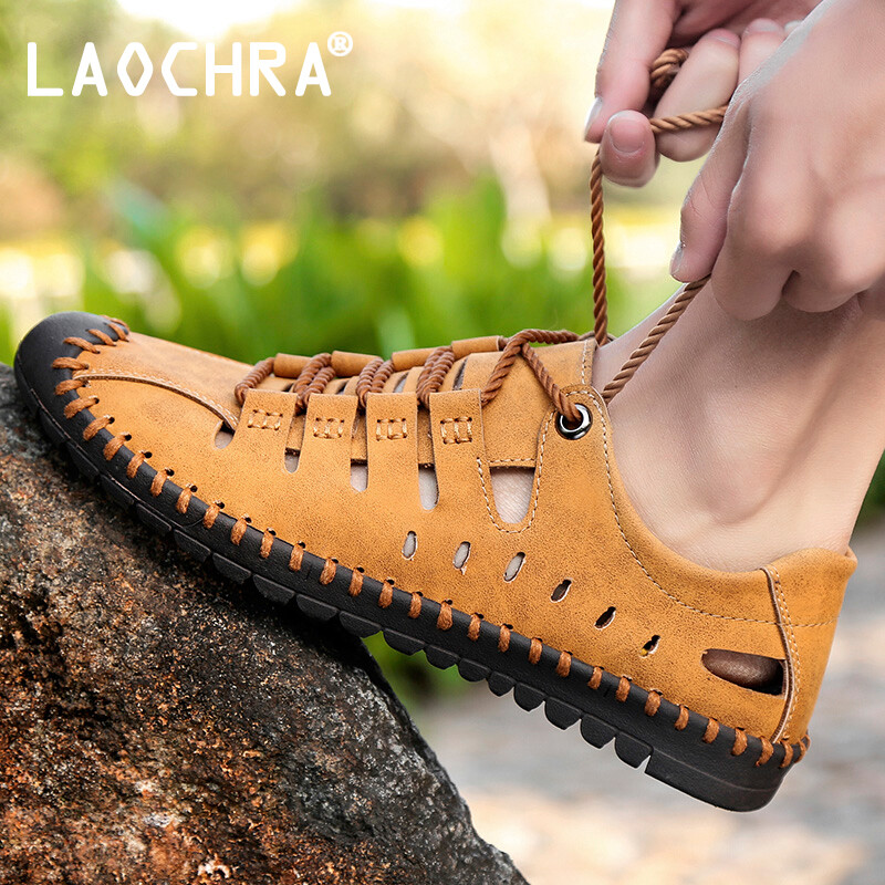 LAOCHRA Fashion Sandals Men Genuine Leather Casual Shoes For Men Big Size 38-48 Soft Sole Sandals Lace Up Outdoor Hiking Sandals Men Shoes