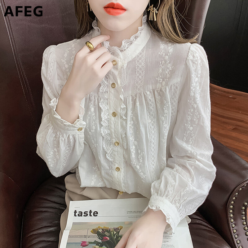 AFEG Korean style long-sleeved solid color lace stitching temperament blouse for women