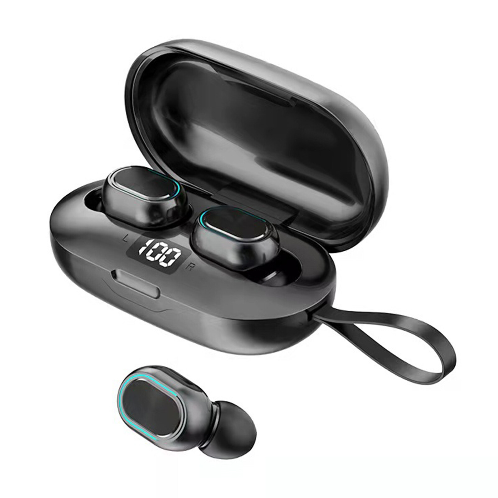 Wireless Earphone LED Digital Display Fingerprint Touch Subwoofer with Drawstring Portable Listen to Music ABS Mini Wireless Bluetooth-compatible Headset for Office Helpful Earbuds Earphone