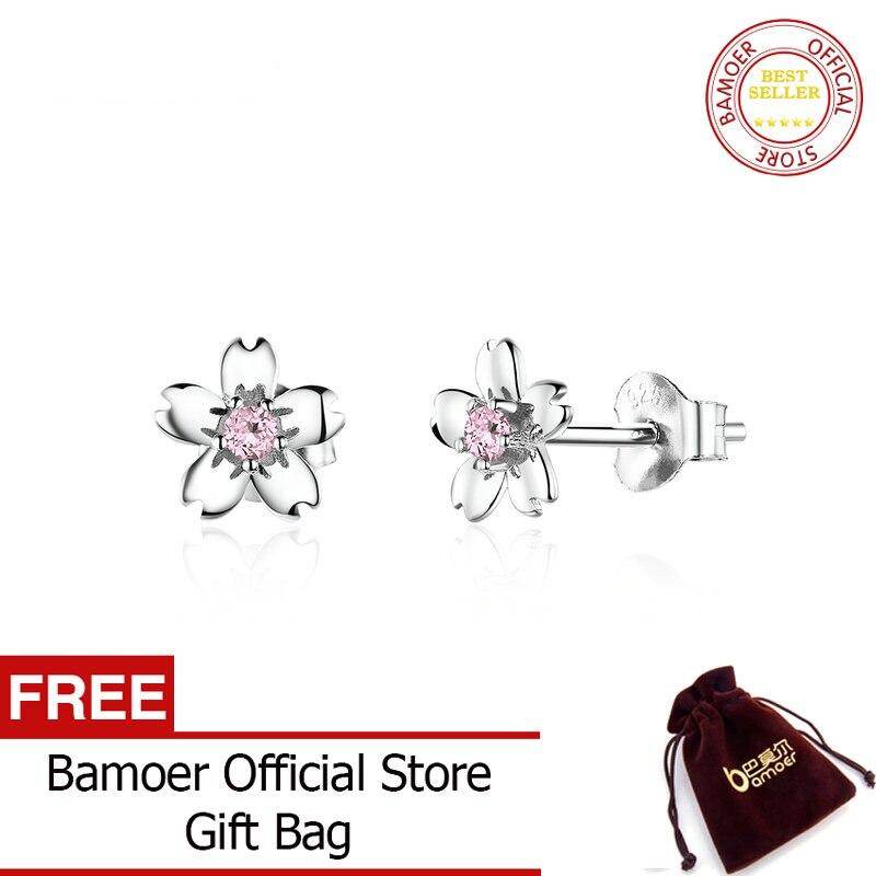bamoer Pink Cherry Flower Stud Earrings for Women 925 Sterling Silver Cute Korean Girls Earings Accessories SCE784