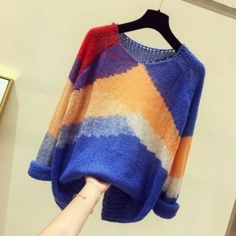 Women's spring and autumn long sleeved thin sweater Women's color contrast knitted blouse Spring pullover large loose lazy style versatile top