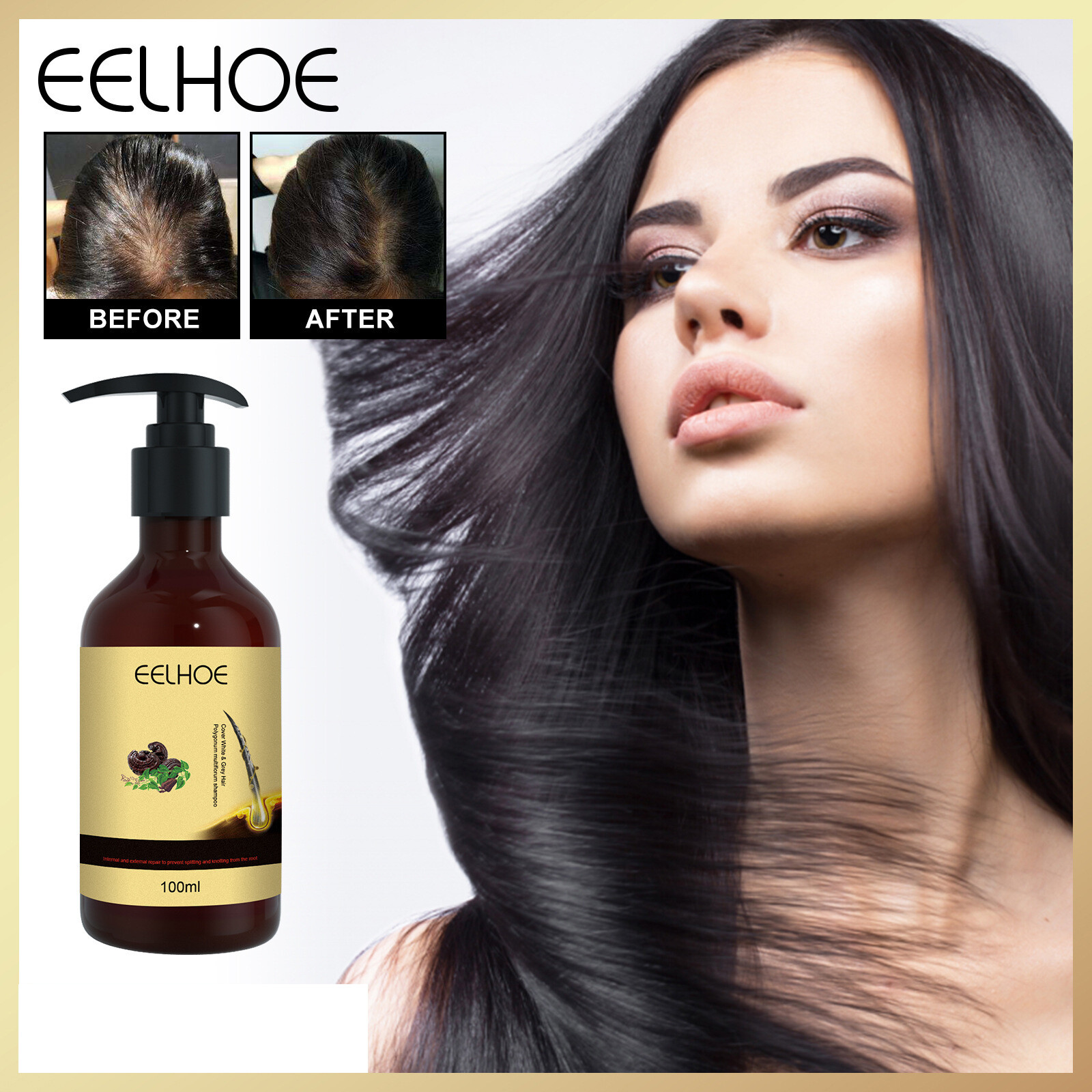 Eelhoe Polygonum multiflorum Shampoo has a black and glossy appearance, improving hair quality, covering white hair, nourishing hair roots, and shampoo Polygonum Multiflorum Shampoo Herbal White To Black Shampoo Plant Hair Care Moisturizing Nutrition Dama