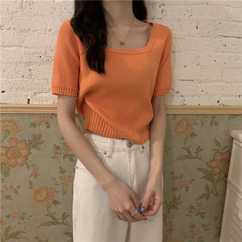 Short sleeve square neck top women's spring and summer ice silk sweater Korean version thin slim slim women's top