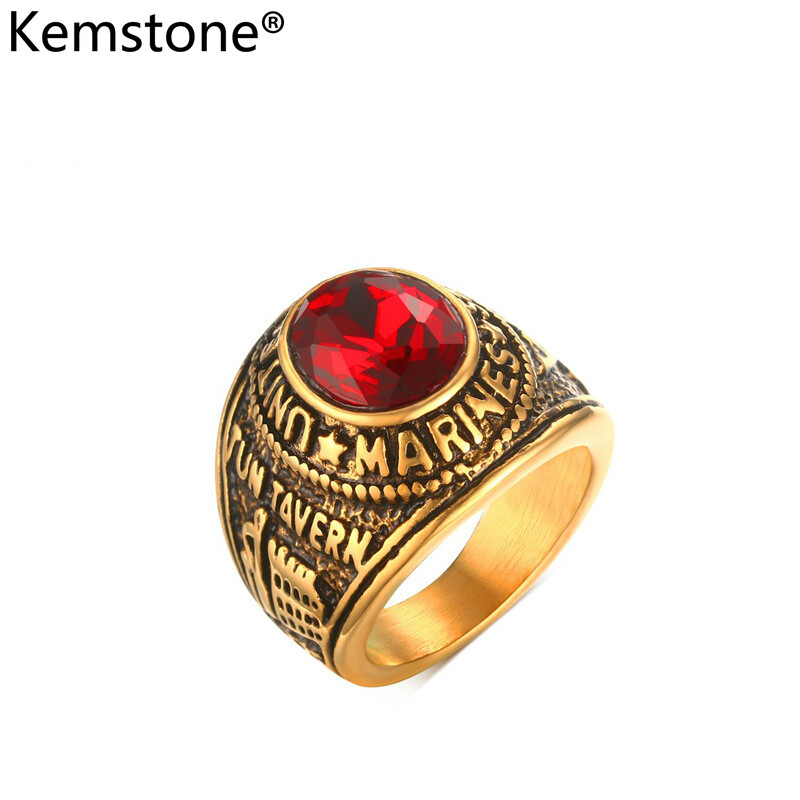 Kemstone Creatived 21MM Stainless Steel Red Stone Marines's Ring for Men's Jewelry Gift