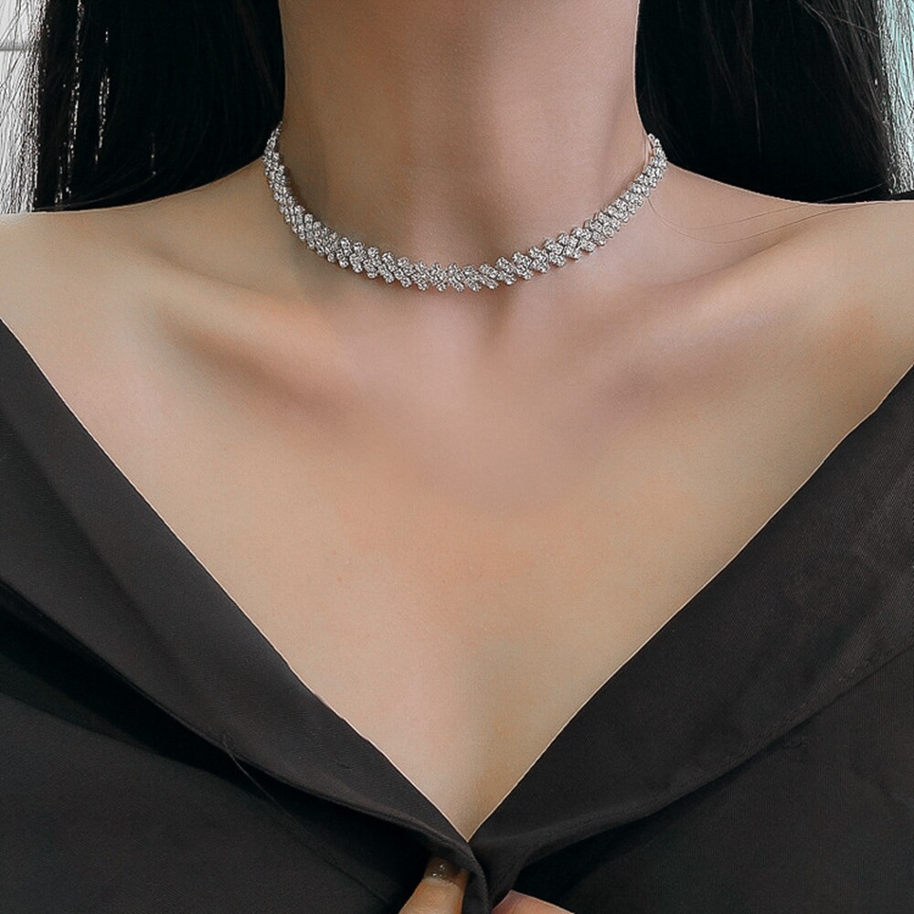 HENLI Party Gifts Women Geometric Shiny Crystal Necklaces Full Rhinestone Choker Alloy Clavicle Chain