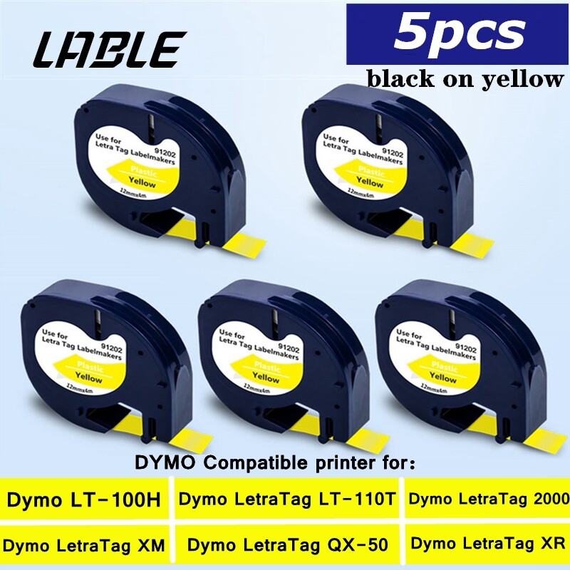 3x Compatible con Cinta Dymo LetraTag Plastico 91202 Negro sobre Amarillo 12mm x 4m para LetraTag LT110T LT100H LT100T QX50 XR 