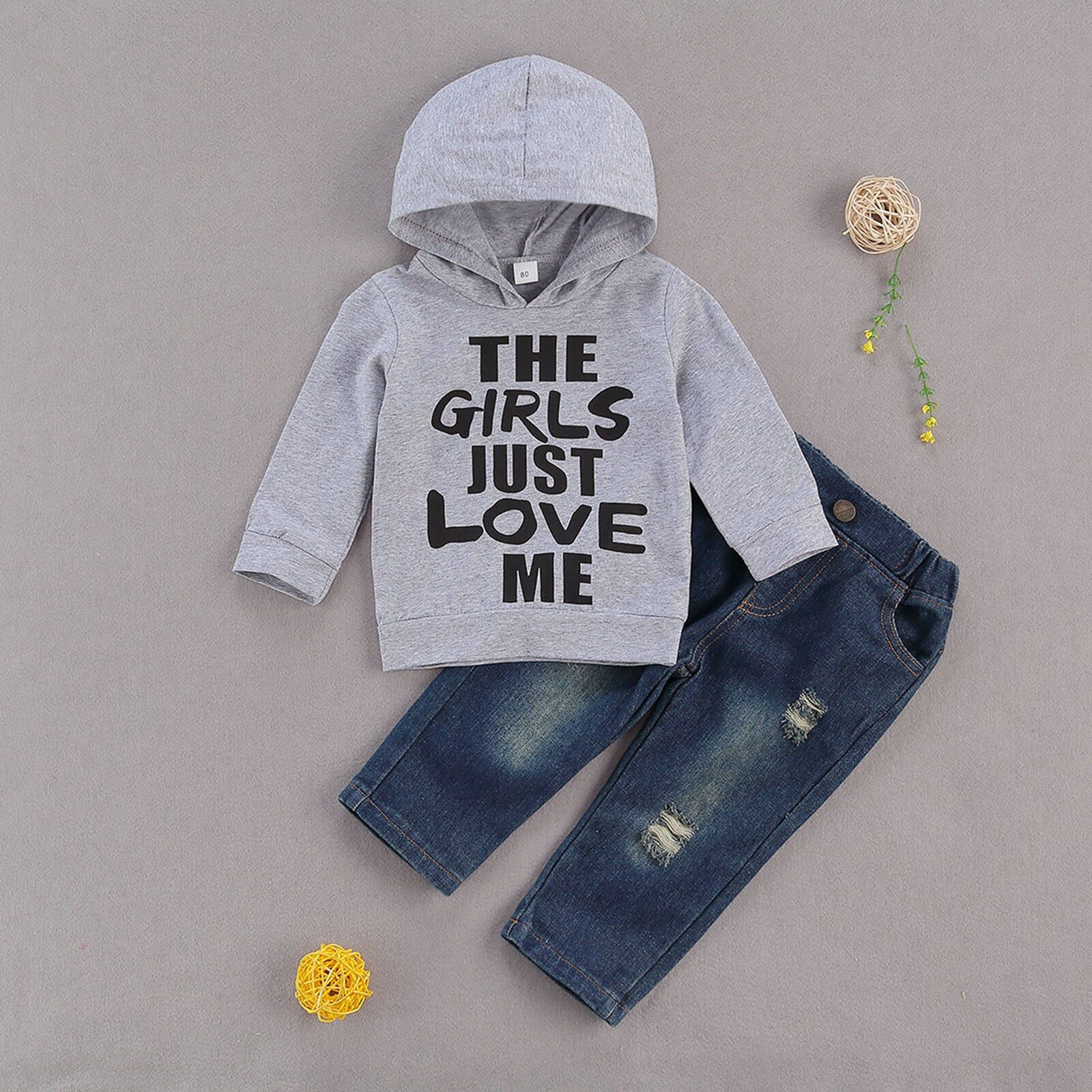 Hoodie jeans suit boys autumn letter print long-sleeved hoodie pullover + ripped jeans 2-piece set toddler boys spring clothes 3-5 years old