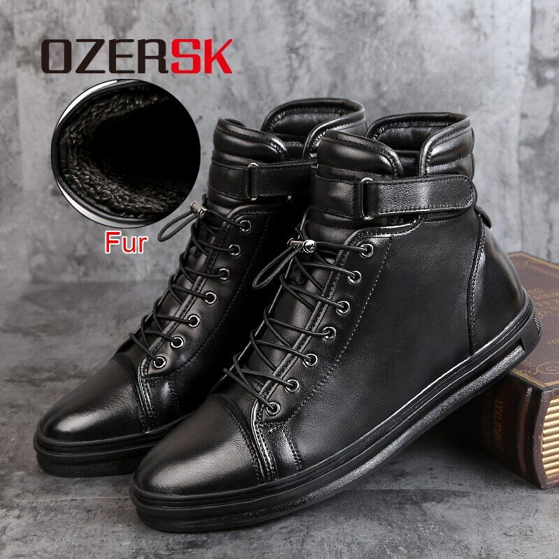 OZERSK Brand Men Boots Autumn Winter Warm Leather Snow Boots Sneakers High Top Rubber Ankle Boots Men Casual Shoes Size 38~48