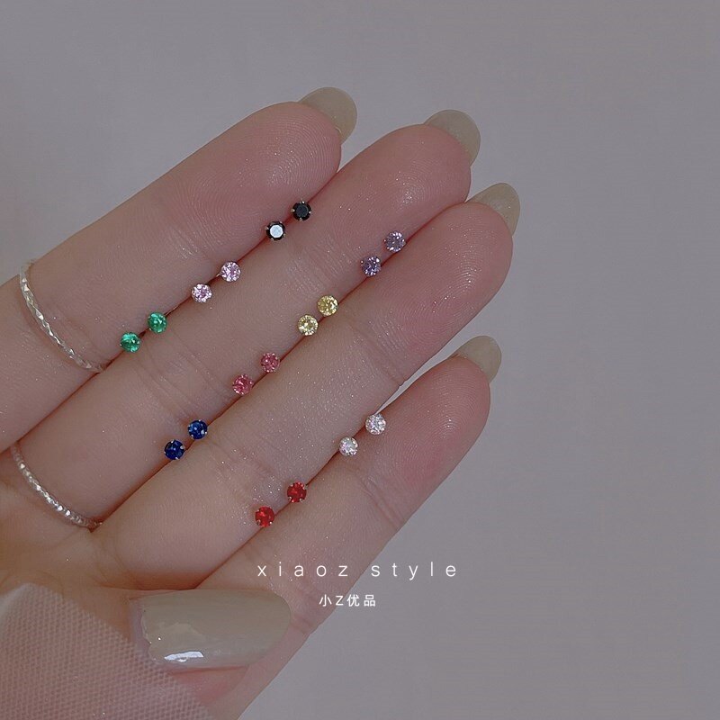 S925 Silver Super Flash Color Zircon Stud Earrings Simple Exquisite Mini Ear Bone Stud Accessories Gift