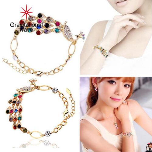 Gravitational wave Women's Vintage Colorful Rhinestone Peacock Bird Chain Bangle Bracelet Jewelry