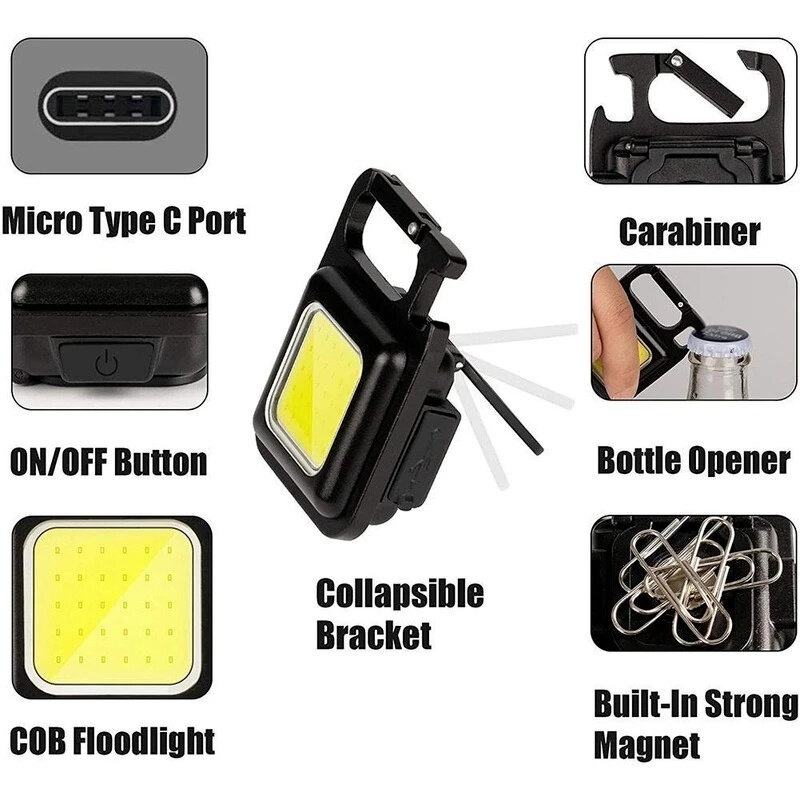 Đèn LED Làm Việc Mini Đèn Pin Bỏ Túi Cầm Tay Đèn Chìa Khóa Sạc USB Đèn Lồng Cắm Trại Ngoài Trời Cắm Trại Đi Bộ Đường Dài COB
