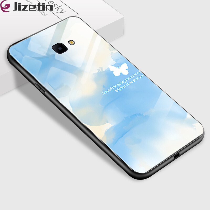 Jizetin Hard Case For Samsung Galaxy J4 2018 J4 Core J4 Plus 2018 Multicolored Dreamlike Painting Design Shockproof Glossy Case Tempered Glass Back Cover Casing