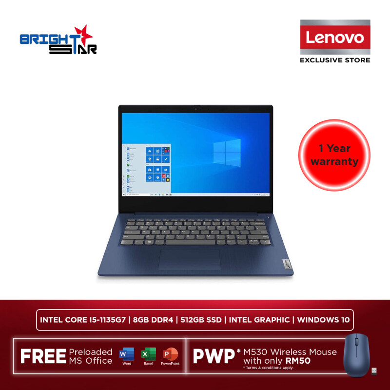 Lenovo Laptop New Ideapad 3 - P7MJ (15.6 Inch Full HD / Intel Core i5 1135G7 (8M 2.5Ghz) / 8GB Ram / 512GB SSD / Intel Graphic / Windows 10 Free Microsoft Office Home & Student / 2 Years Warranty) Malaysia