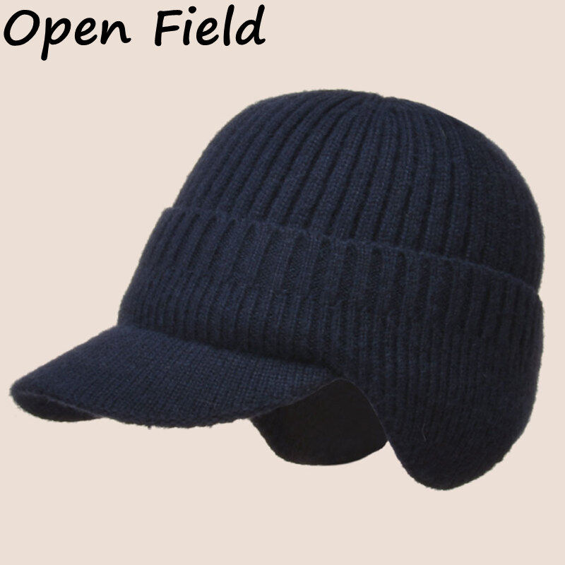 Field Men Winter Knitted Hat Outdoor Warm Thickened Windproof Ear Protection Cap Short Brim Solid Color Hat