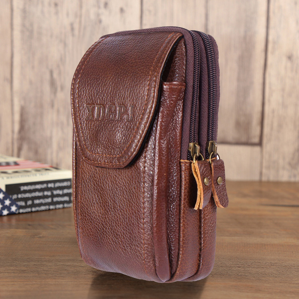 MOJOYCE Men Cowhide Leather Phone Belt Bags Solid Color Three-layer Fanny Pack