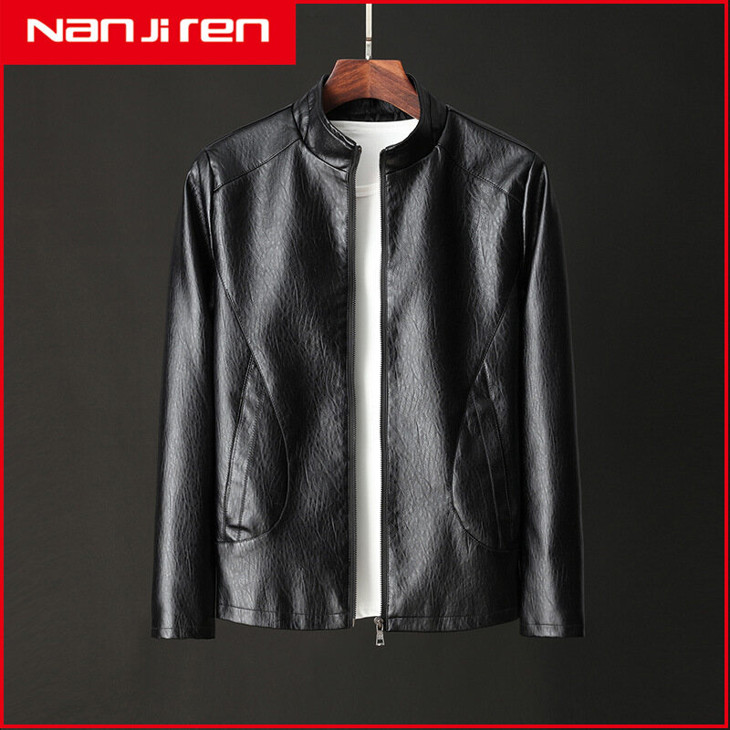 Nanjiren men's leather jacket fashion jacket Slim trendy PU leather jacket tight-fitting collar jacket men
