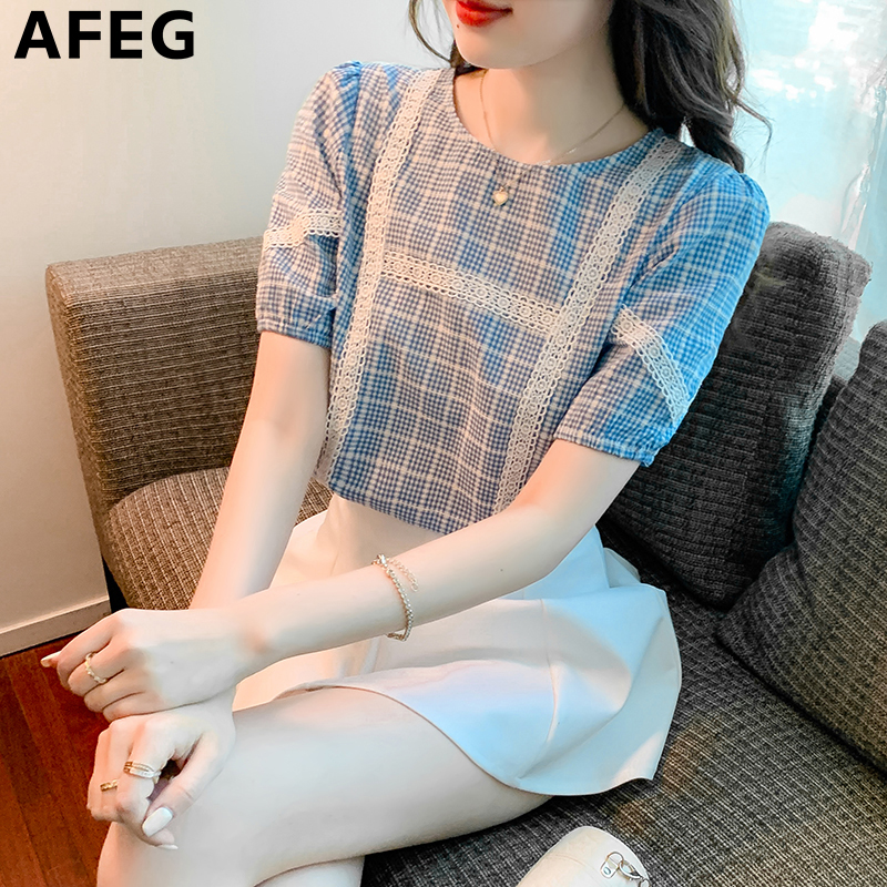 AFEG ใหม่เวอร์ชั่นเกาหลีคอกลมแฟชั่นหลวมลายสก๊อตพัฟแขนเสื้อสำหรับผู้หญิง ...