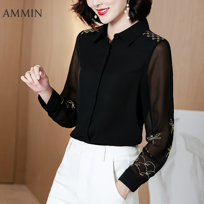AMMIN Embroidered Chiffon Long Sleeve Shirt For Women Retro New Fashion Temperament Black Embroidered Top Lady Casual All-match Blouse
