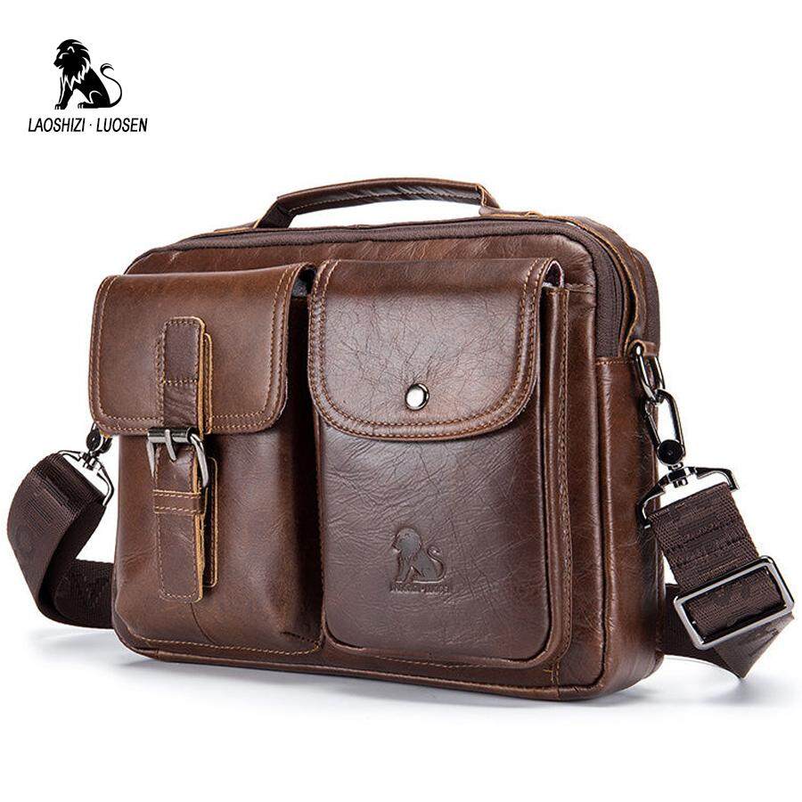 LAOSHIZI LUOSEN Genuine Leather Mens Shoulder Bag Vintage Male Handbags Messenger Bags Men Business Crossbody Bag